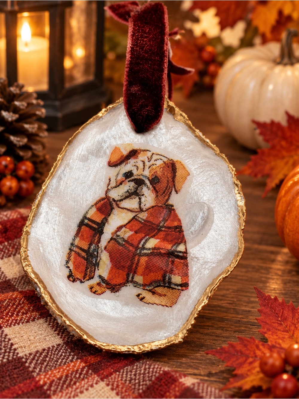 Plush Bulldog Plaid Oyster ShellOrnament with Gold-Trim Accent - White/Red/Brown